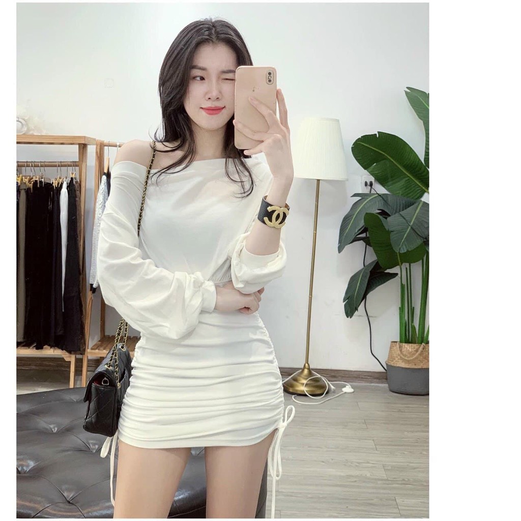 Đầm body trễ vai rút dây 2 bên tay cánh dơi chất cotton zip co giãn 4c siêu đẹp điệu đà - Váy trễ vai rút dây nữ