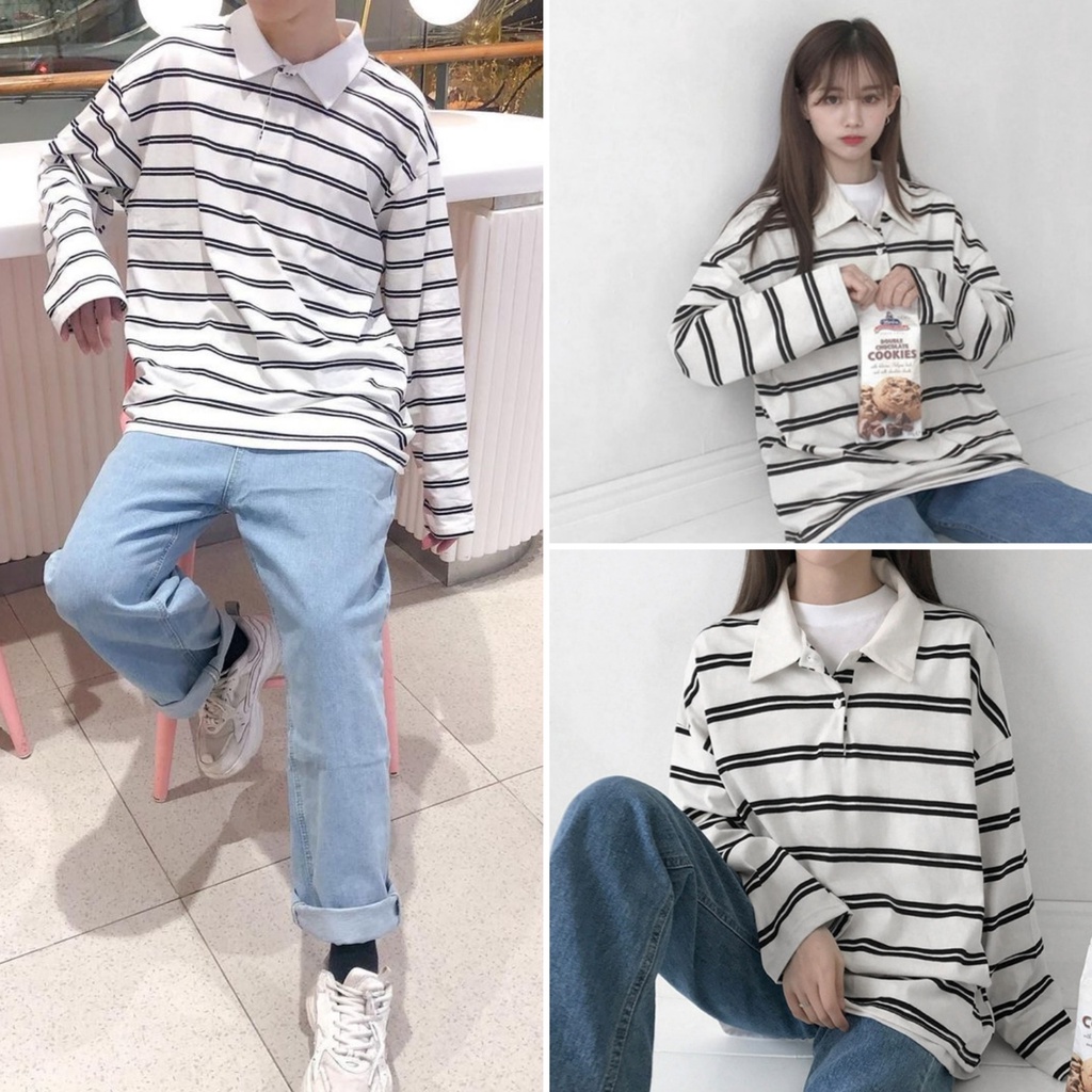 Áo polo kẻ dài tay MEANSTORE phông Unisex nam nữ tee oversize form rộng pull Ulzzang Hàn Quốc vải mềm Sọc trắng đen