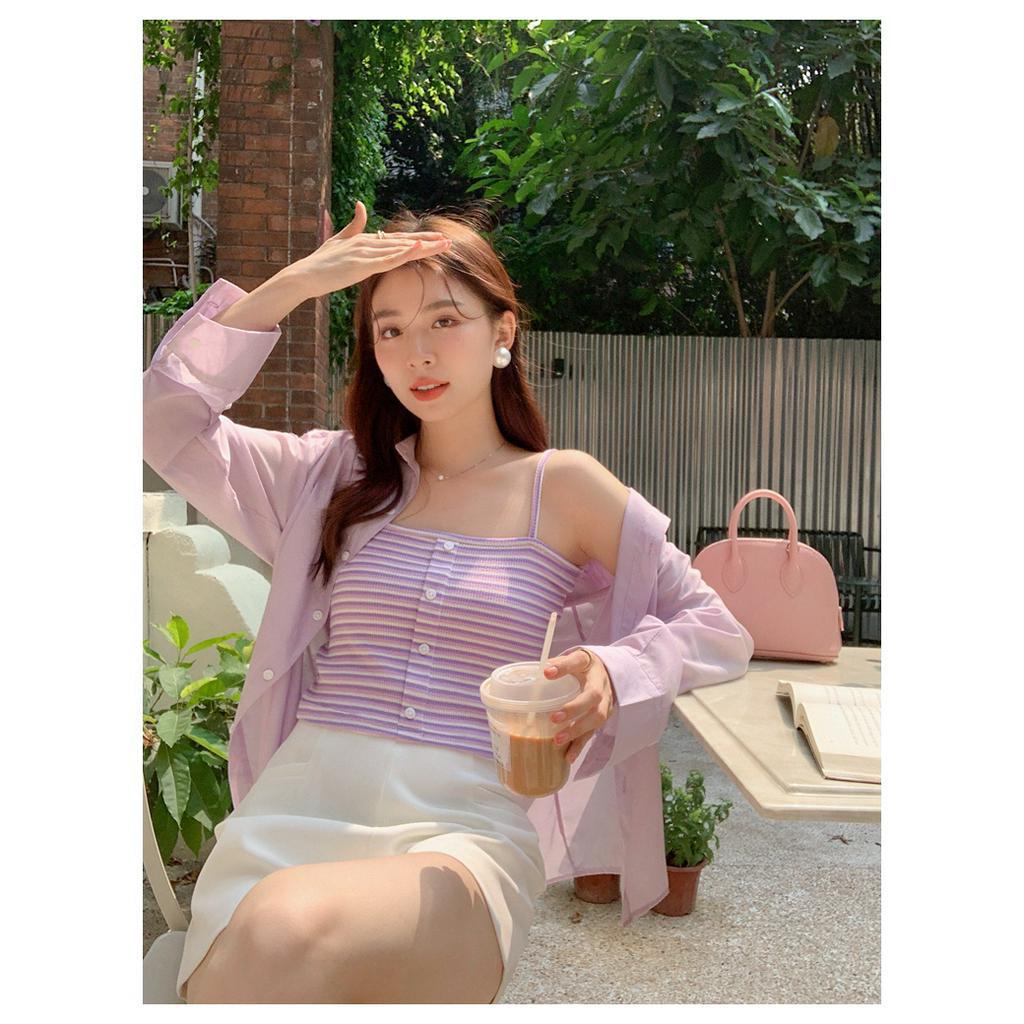 Set Áo Hai Dây Họa Tiết Kẻ Sọc + Áo Sơ Mi Màu Trơn Chống Nắng Thời Trang Xuân Hè Hàng Mới 64058