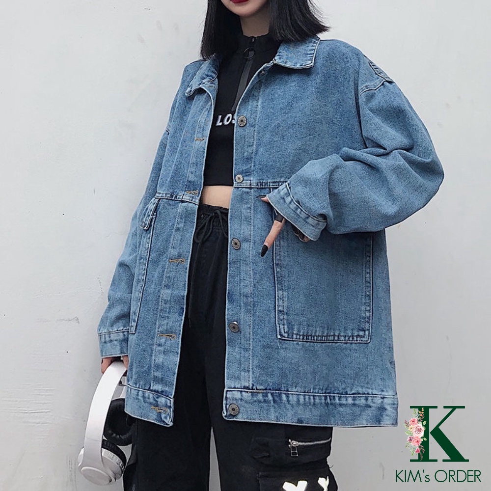 Áo khoác jean nữ màu xanh và đen dài tay phom rộng cổ sơ mi Unisex phong cách Ulzzang Hàn Quốc cá tính cho nam chất đẹp