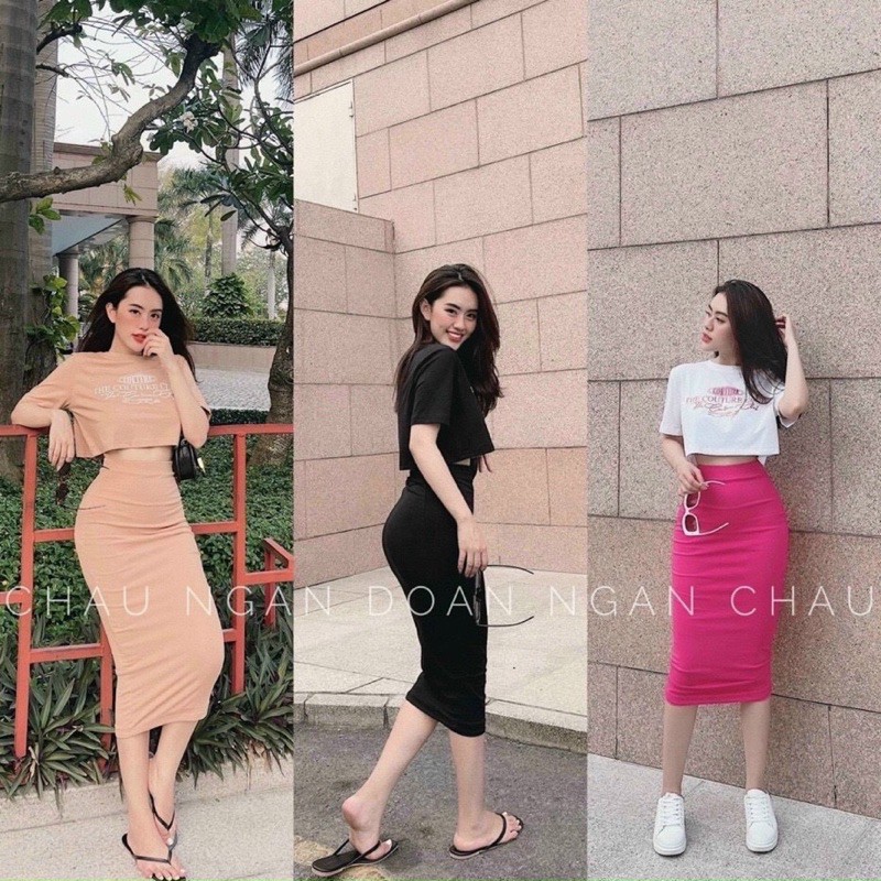 Set áo croptop in chữ + váy body trơn dài qua gối
