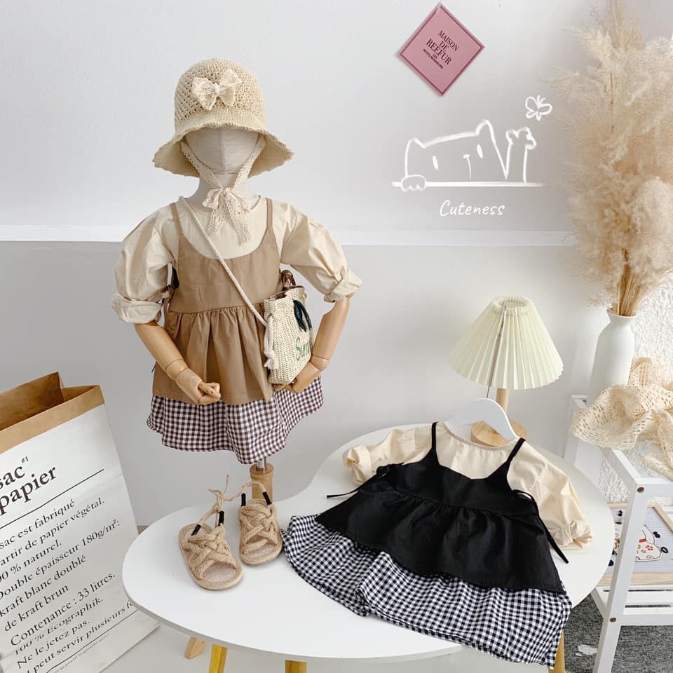 Set yếm dài tay Vintage họa tiết caro