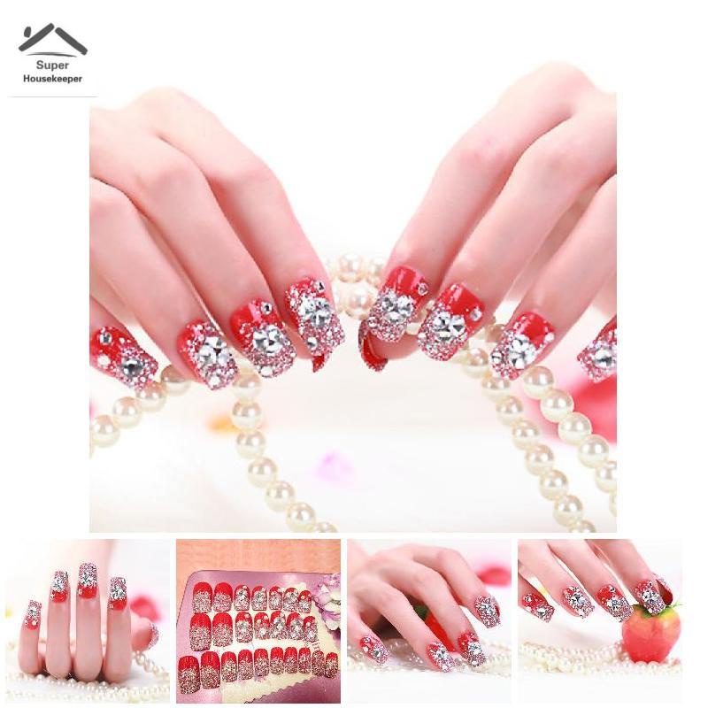 Set 24 móng tay giả màu đỏ đính đá 3D thời trang cho nữ