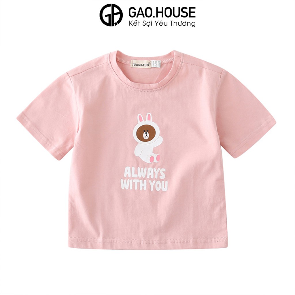 Áo gia đình Gạo House cotton 4 chiều màu hồng hình gấu brown đi biển, du lịch, dã ngoại