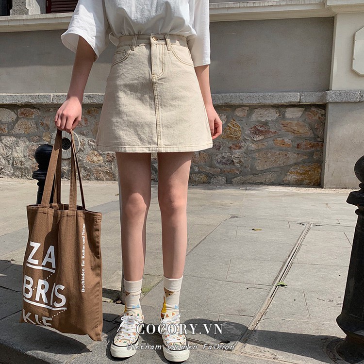 Chân Váy Jean Chữ A Với Thiết Kế Lưng Cao Xinh Xắn Theo Phong Cách Retro Hàn Quốc - Hàng nhập khẩu