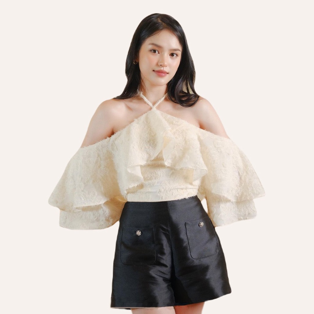 Áo trễ vai cổ yếm nữ bánh bèo  Áo hở vai chất tơ hoa nổi A-CY6