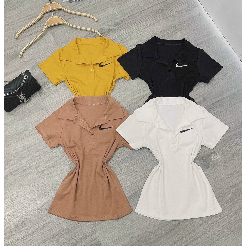 Áo thun nữ cổ bẻ polo logo hiệu bên ngực tay ngắn xinh hs