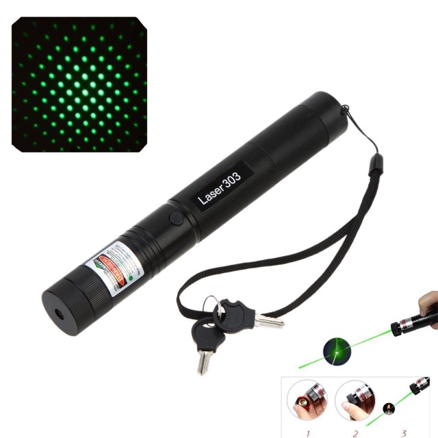 Đèn laser 303 tia xanh lá, có pin, có sạc, có chìa khóa an toàn, có đầu hoa văn, có hộp nhựa bảo quản