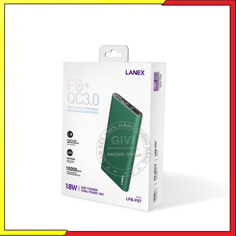 Pin dự phòng Lanex LPB - P07 1 cổng USB Type-C QC3.0 18W, 10000mah, màn hình led, tương thích nhiều thiết bị
