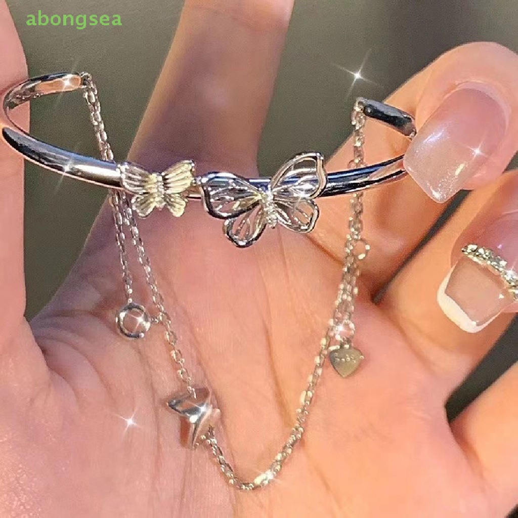 Abongsea Vòng Tay Dây Xích Hai Lớp Thiết Kế Dạng Xích Mở Hình Bướm Lấp Lánh Dễ Phối Đồ Có Thể Điều Chỉnh Cho Nữ