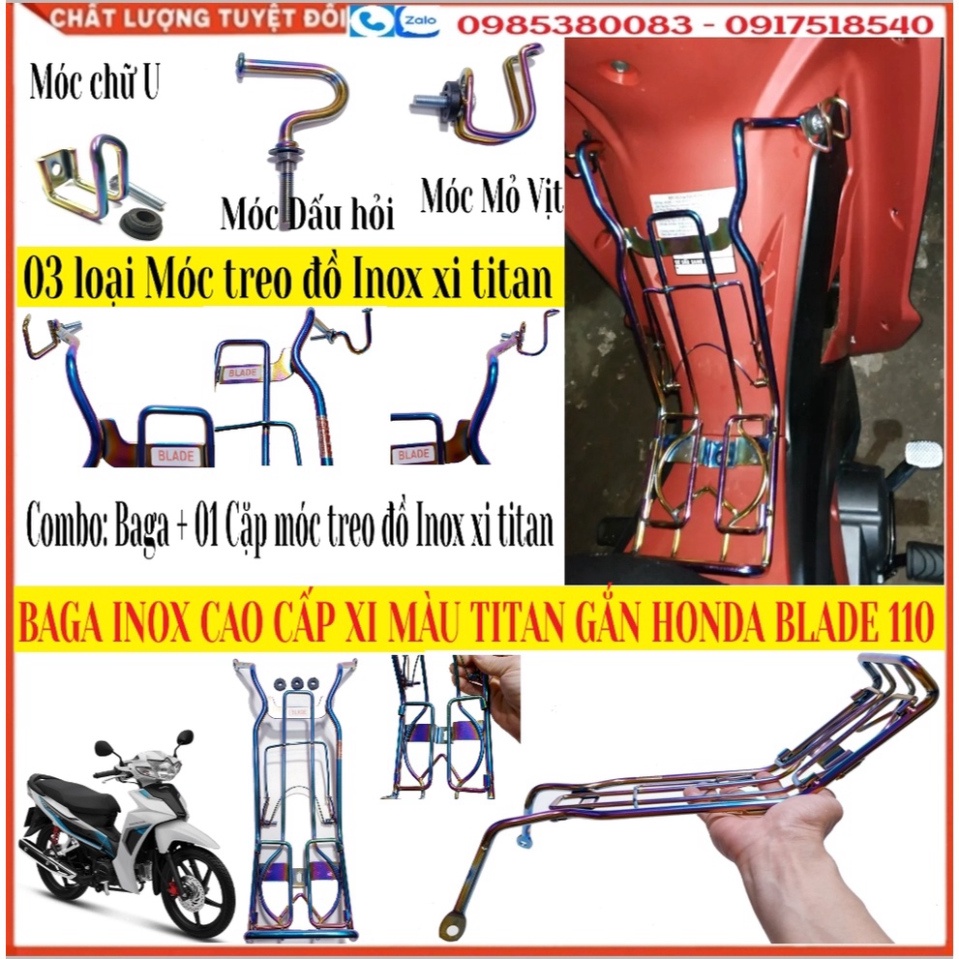 [Baga giữa Blade] Baga Giữa Inox 10 Ly Cao Cấp Xi Màu TiTan Gắn Honda Blade 110 Kết Hợp Cặp Móc Treo Đồ Inox Xi Màu Tita