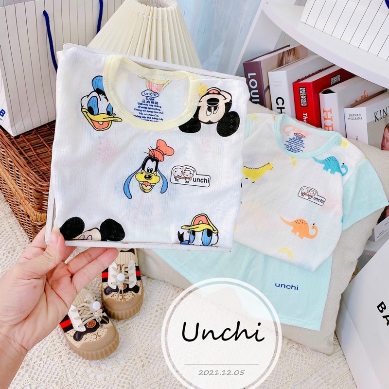 Bộ cộc tay bé trai bé gái, Bộ cộc tay Unchi chính hãng vải thông hơi in họa tiết hoạt hình dễ thương cho (CT8)