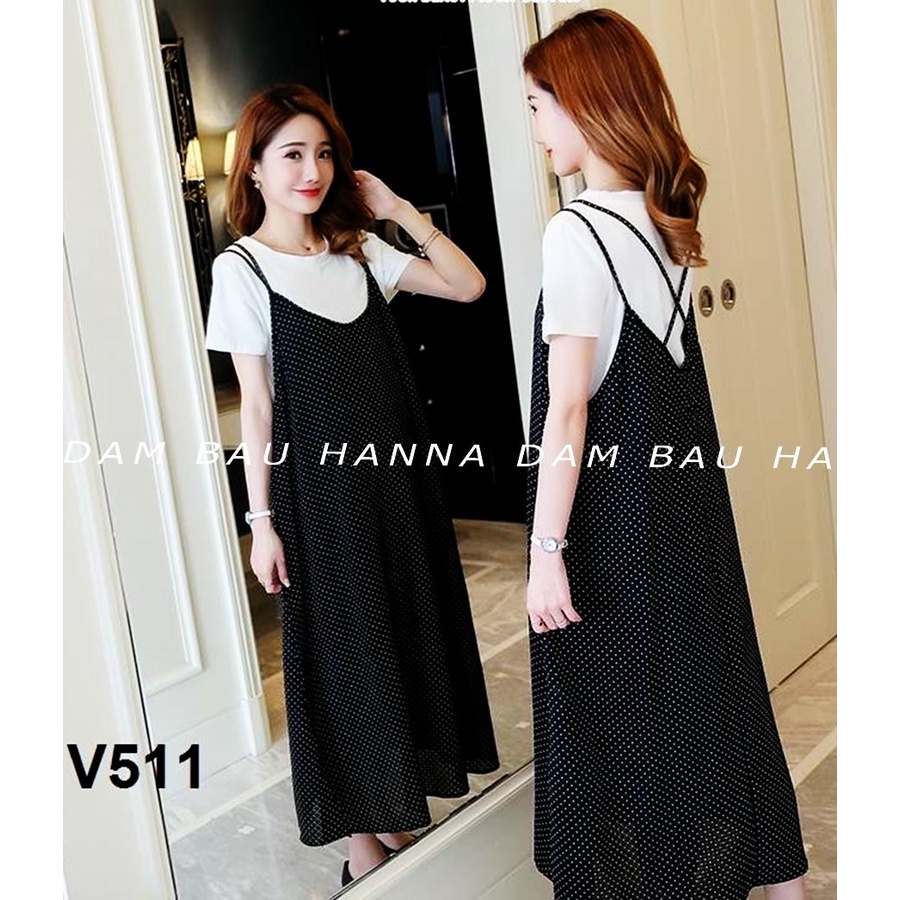 [HANNA] Đầm bầu giả yếm dài dễ thương size to cho bầu mập đầm dài size tới 100kg vải lụa voan cao cấp thoáng mát mềm