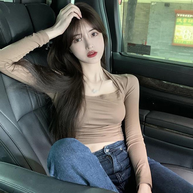 Áo Croptop Tay Dài Cổ Vuông Thiết Kế Dây Rút Phong Cách Hàn Quốc Quyến Rũ Cho Nữ