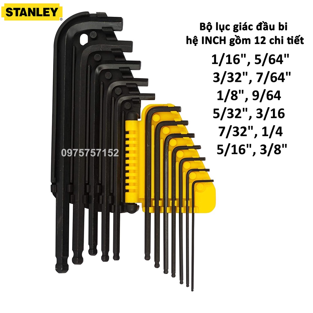 Bộ lục giác bi hệ inch 12 chi tiết chính hãng STANLEY 69-257 1/16&quot; 3/8&quot; bộ khóa lục giác đầu bi thân dài thép siêu cứng