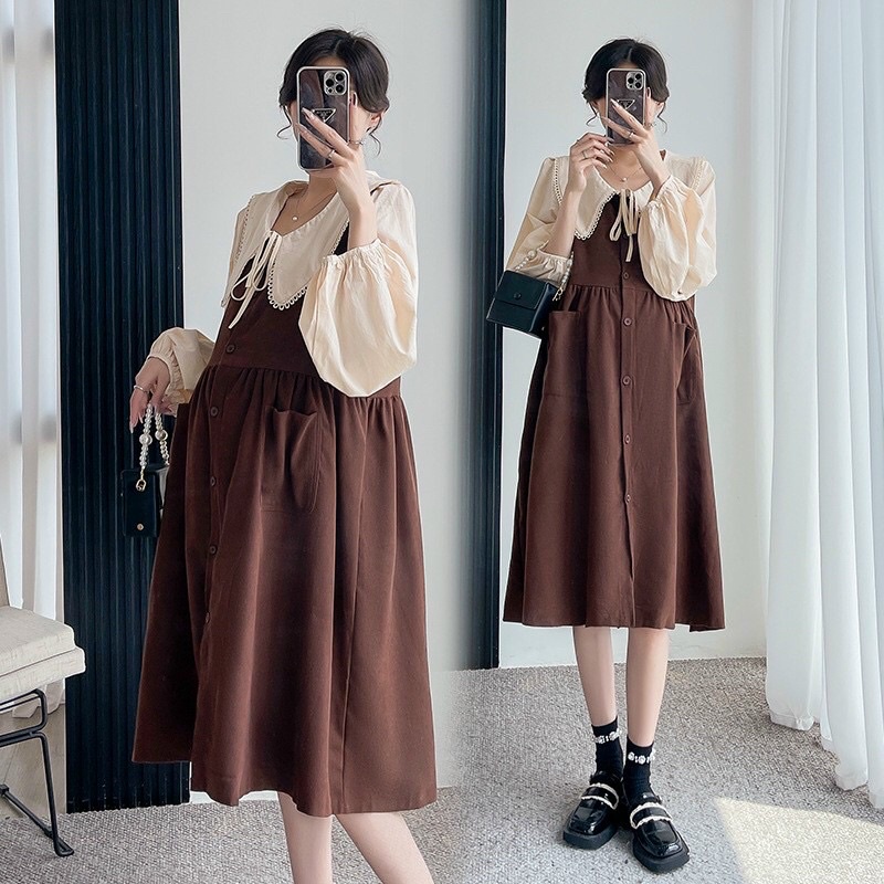 Váy Bầu 💚FREESHIP💚Dáng Dài, tay dài Thu Đông, Cổ nơ Phong Cách Vintage, tiểu thư 💚 Đầm Bầu chất đẹp 40-70kg,BÁN SHOP