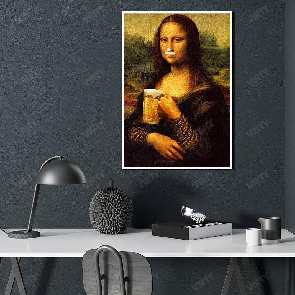 [Sale Shock] Tranh canvas decor Mona Lisa Drinking Beer Funny Art