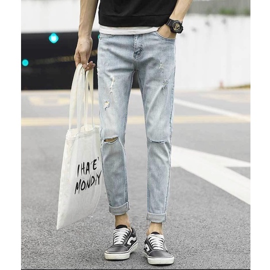 Quần jean nam rách gối xước màu ghi co giãn VNXK 1991 Pon.mens