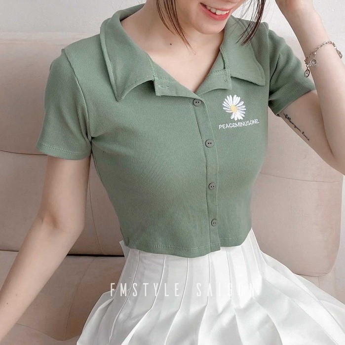 Áo thun tay ngắn cổ bẻ thêu hoa cúc ulzzang trơn thời trang FMstyle Saigon 21TU05T370601