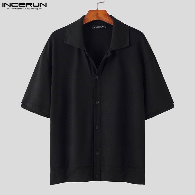 Áo sơ mi dệt kim INCERUN tay ngắn màu trơn cài nút cổ bẻ thời trang cao cấp cho nam