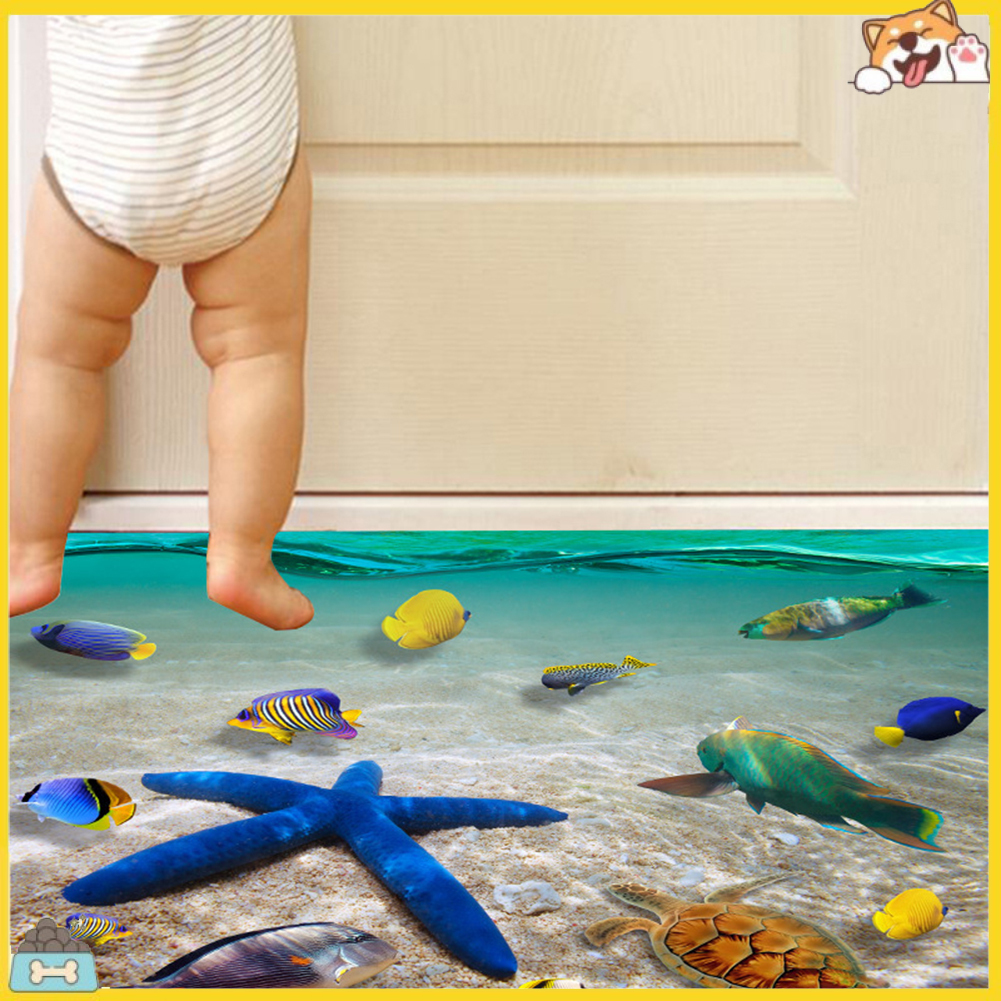 Miếng dán trang trí tường/sàn nhà hình đáy biển 3D có sinh vật biển chất liệu PVC kích thước 60x90cm