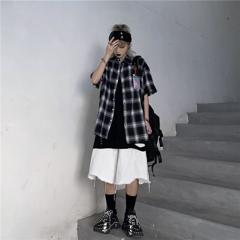 (mới) SƠ MI KẺ CARO TAY LỠ IN HOA CÚC SAU LƯNG - SƠ MI CARO HOA CÚC ULLZANG