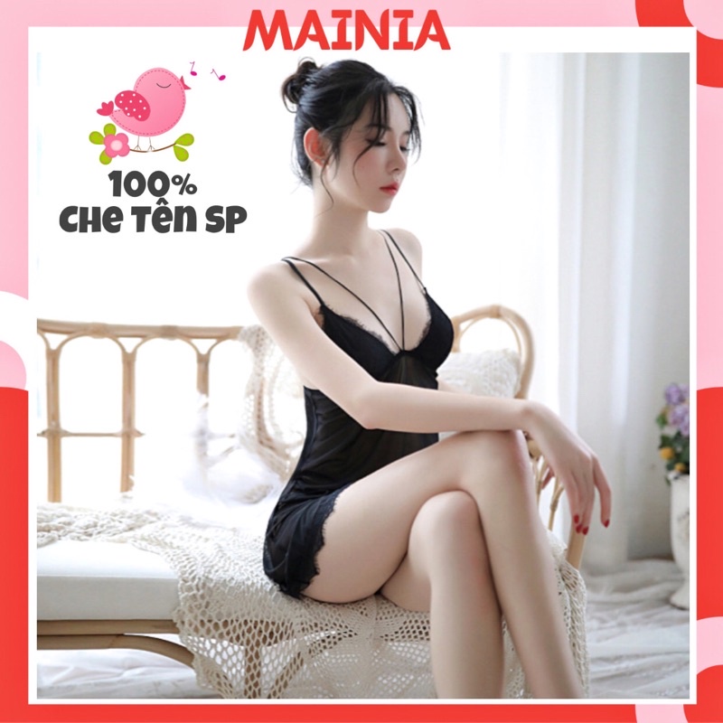 Đầm Ngủ Váy Ngủ Ren Xuyên Thấu Phối Dây Ngực Màu Đen Sexy Gợi Cảm Mainia Shop