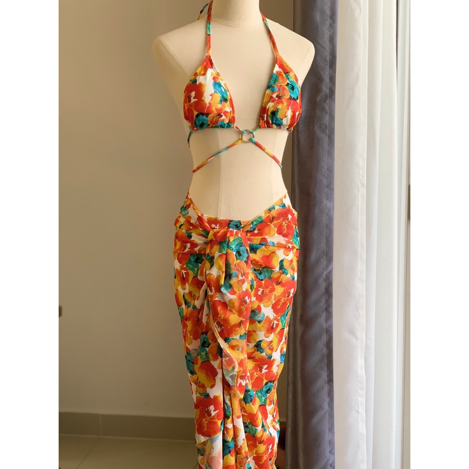 Bikini Đồ Bơi Hai Mảnh 3 Chi Tiết Họa Tiết Hoa Cam Độc Lạ BM-1182
