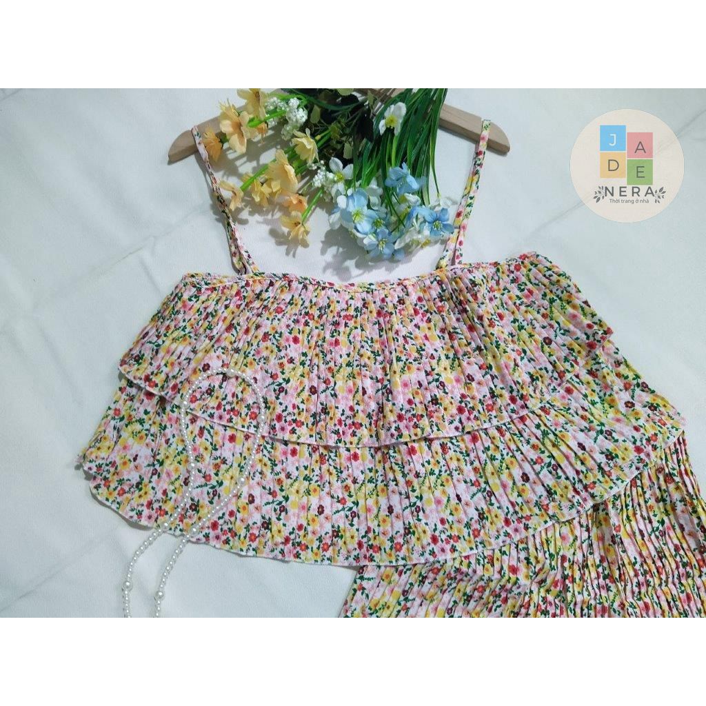 Set hoa vintage dập li 2 dây quần dài, 2 tầng, loại 1 - Freesize , tùy chiều cao