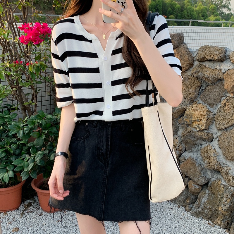 Áo cardigan dệt kim tay ngắn sọc ngang thời trang cho nữ 44876