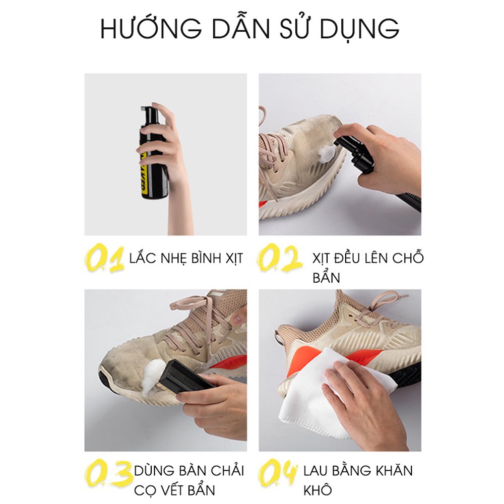 Bộ kit CAO CẤP vệ sinh giày Sneaker Cleaning, bình xịt bọt tuyết giặt giày 4 món kèm bàn chải, khăn lau sạch