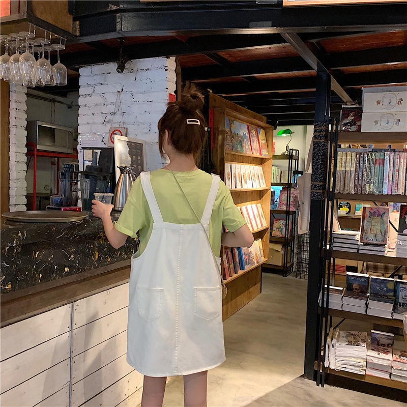 Đầm yếm denim màu trơn dáng rộng phong cách Hàn Quốc thời trang mùa hè cho nữ
