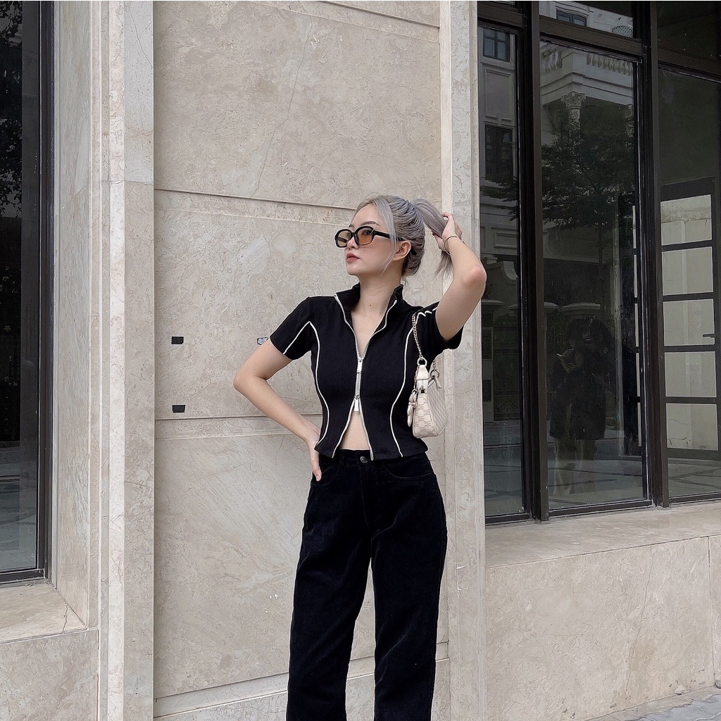 Áo croptop nữ ôm body ngắn tay TOPTIFY cổ đức viền trắng dây kéo Sunday Morning Top AC214