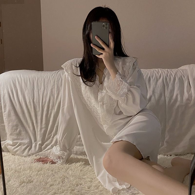 Đầm Ngủ Cổ Bẻ Phối Ren Phong Cách Pháp Cho Nữ