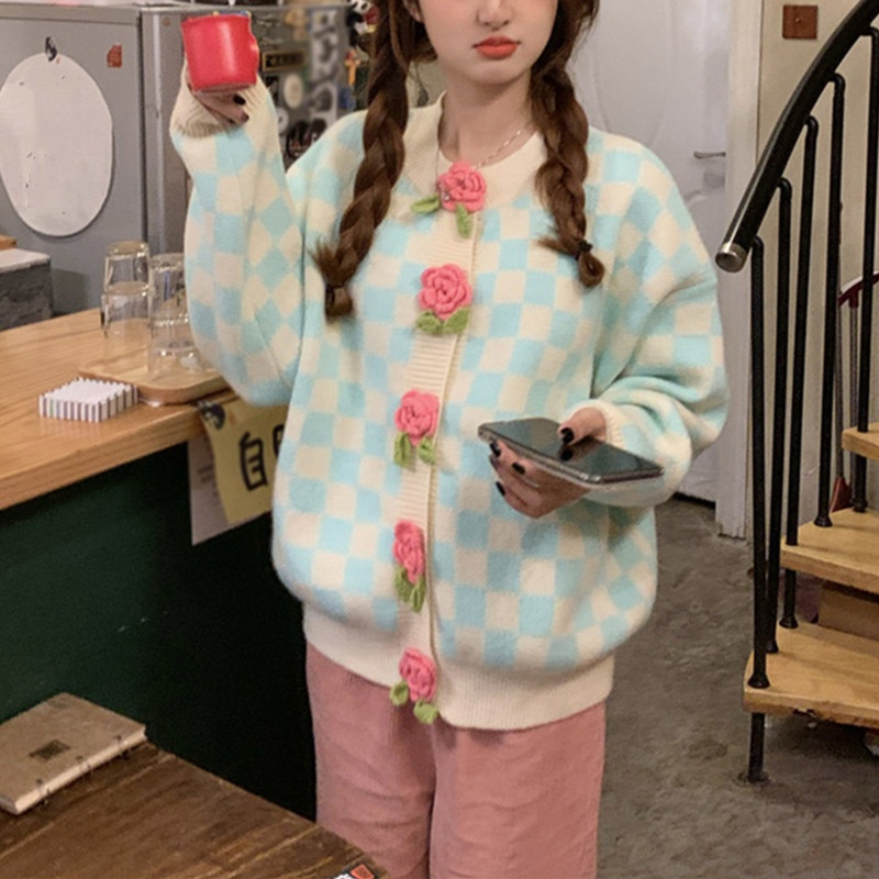 Áo Khoác Cardigan Dệt Kim Tay Dài Họa Tiết Hoa 3D Dễ Thương Cho Nữ