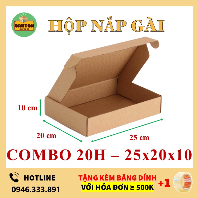 (25x20x10) 20 Hộp Carton Nắp Gài, Hộp Đựng Quà, Đựng Quần Áo, Phụ Kiện 3 lớp Sóng E