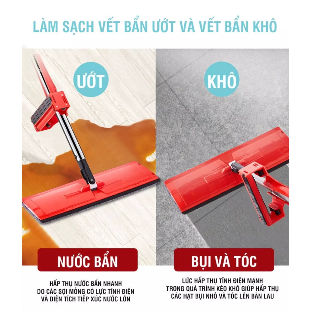 Cây lau nhà tự vắt Kitimop-Red bàn lau 38x12cm, cán inox dài 125cm, bảo hành 12 tháng, tặng kèm 2 bông lau