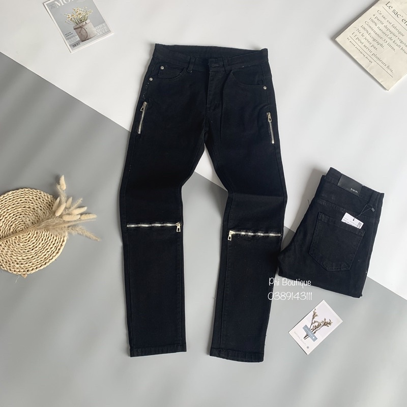 Quần Bò Nam Đen Trơn Thêu 4 Khoá Zip Đùi Gối Basic QJ68P