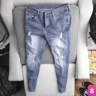 Quần jean nam xanh nhạt trơn rách gối chất bò cao cấp co dãn 4 chiều, quần rin nam xanh bạc mới cực đẹp Hbfashion04