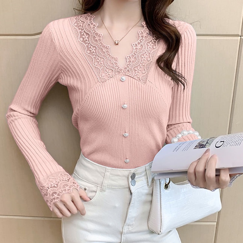 Áo sweater dệt kim cổ chữ v phối ren thiết kế trang nhã cho nữ