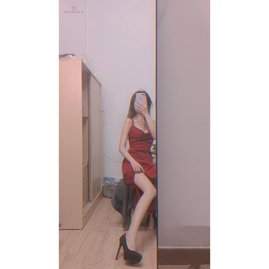 Đầm satin dài hai dây màu đỏ quyến rũ dành cho nữ