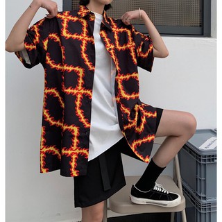 Áo sơ mi tay lỡ unisex dây lửa đỏ màu đen