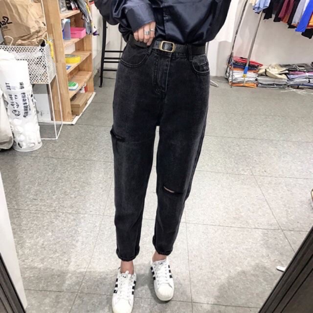 Quần baggy jean đen tiêu rách sườn và gối, kèm ảnh thật trải sàn