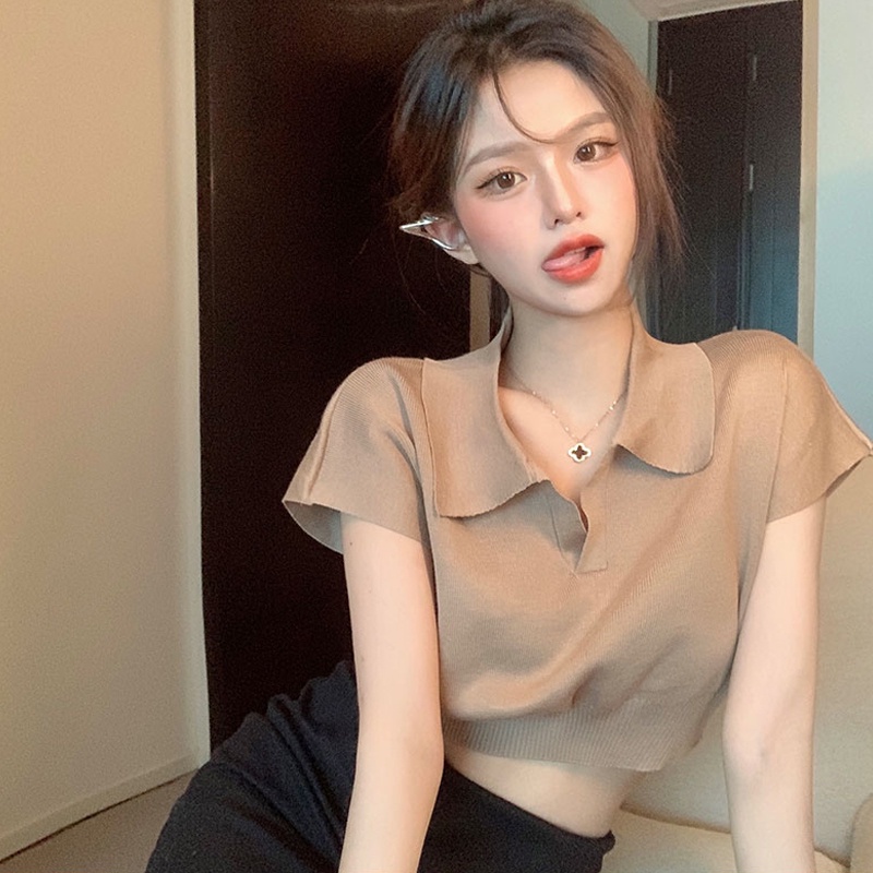 （4 Màu）Áo Thun Polo Dệt Kim Tay Ngắn Cổ Bẻ Màu Trơn Dáng Ôm Thời Trang Cho Nữ