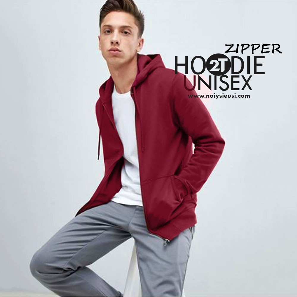 Áo hoodie zipper unisex 2T Store HZ07 màu đỏ đô - Áo khoác nỉ dây kéo nón 2 lớp dày dặn chất lượng đẹp