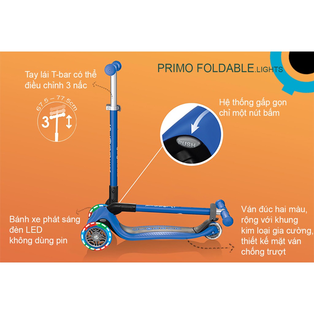 Xe trượt scooter 3 bánh GLOBBER PRIMO FOLDABLE LIGHTS cho trẻ em từ 3 đến 6 tuổi - Xanh lá