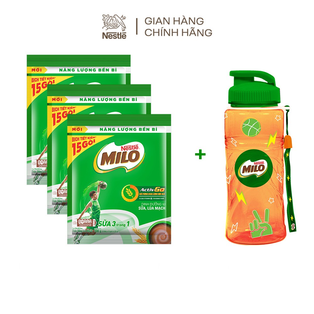 [Tặng 1 bình nước Milo 700ml] Combo 3 bịch thức uống lúa mạch Nestlé Milo sữa 3 trong 1 - Bịch 15 gói 22g