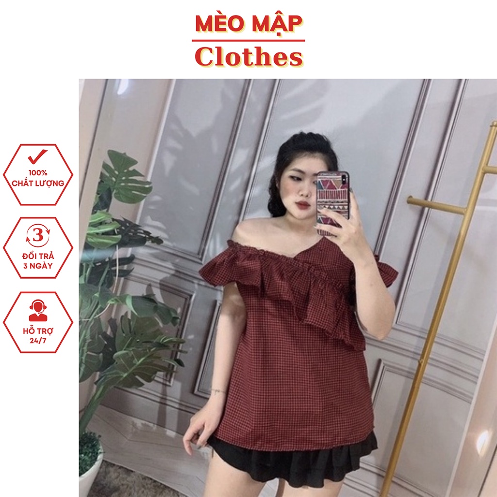 Áo caro lệch vai phối bèo bigsize siêu xinh, thời trang nữ trẻ trung cá tính
