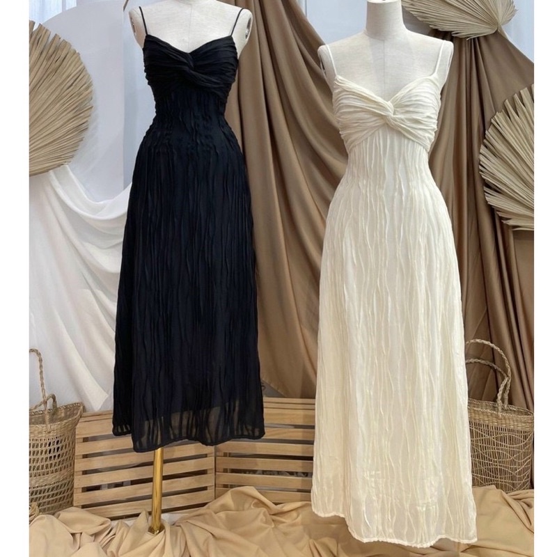 Đầm hai dây xoắn ngực sẵn mút ngực Thucucstore Đầm maxi hai dây mùa hè chất liệu thun nhún sang chảnh