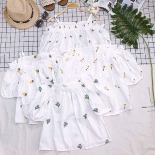 Áo rớt vai thêu hoa QC Ảnh Thật
